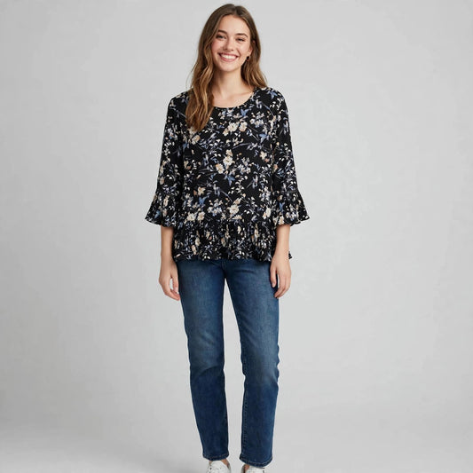 Ladies Floral Pleated Three-quarter Sleeve Shirt