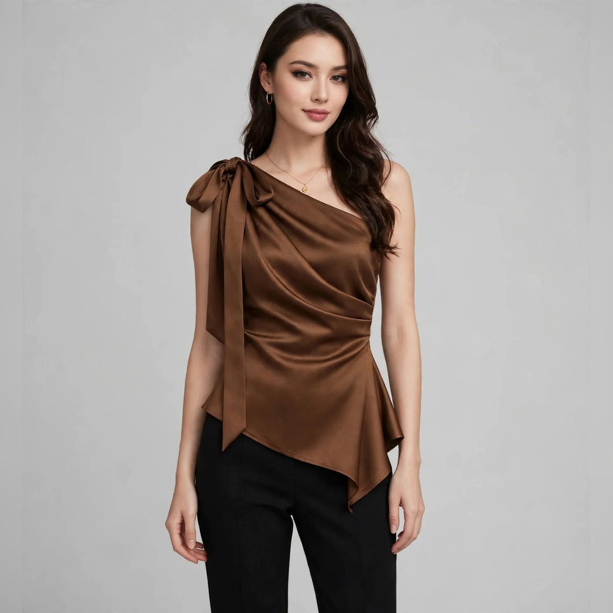 Commuter Top With Designer Tie Detail One-Shoulder Design