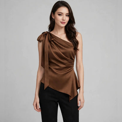 Commuter Top With Designer Tie Detail One-Shoulder Design