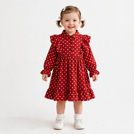 Cross-Border Ruffled Long-Sleeved Polka Dot Dress - 100 / Red