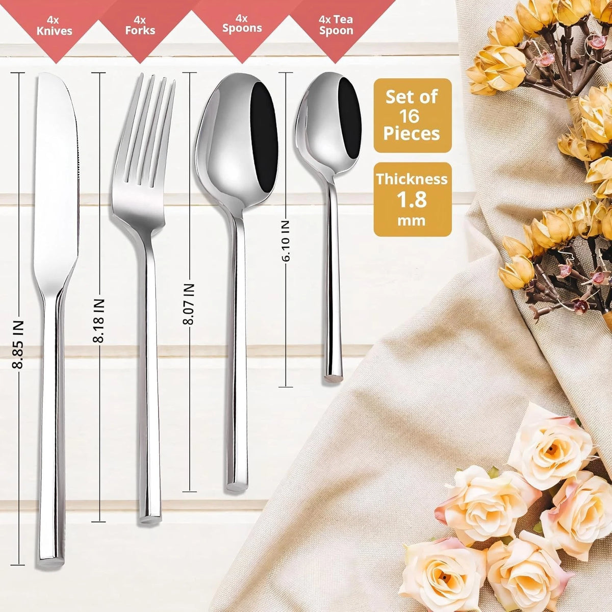 16Pcs Knife Forks & Spoons and Teaspoons Stainless Steel set - Two-Tone Finish