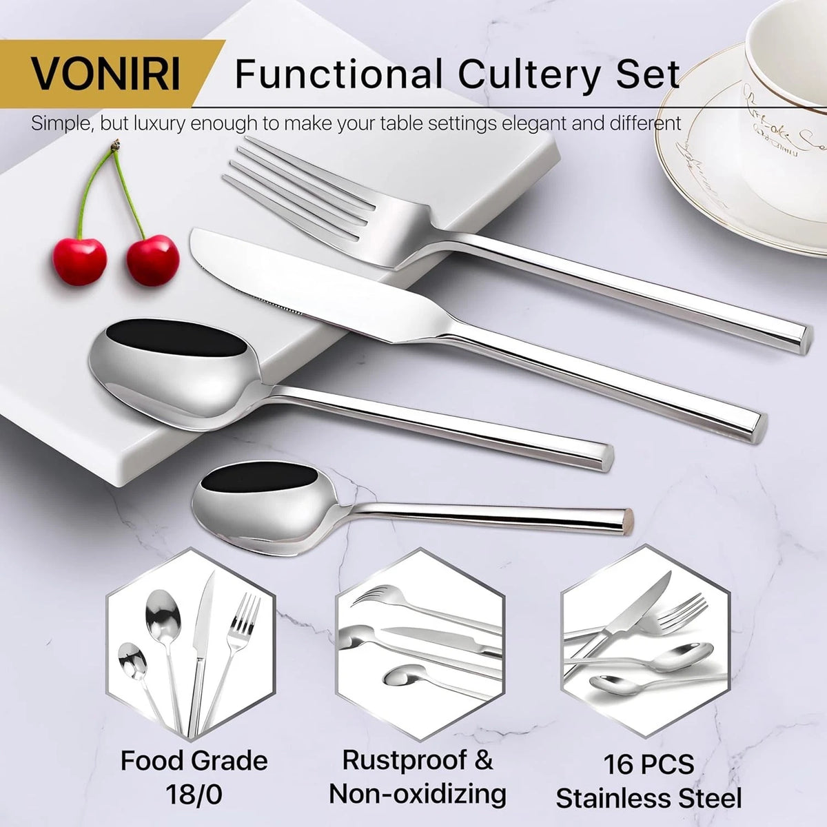 16Pcs Knife Forks & Spoons and Teaspoons Stainless Steel set - Two-Tone Finish