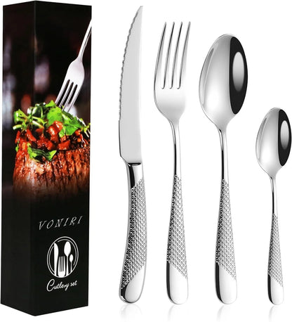 16Pcs Knife Forks & Spoons and Teaspoons Stainless Steel set - Two tone in sliver
