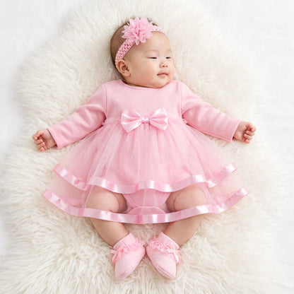 New Born Long Sleeve Baby Princess Dress - Pink / 12M