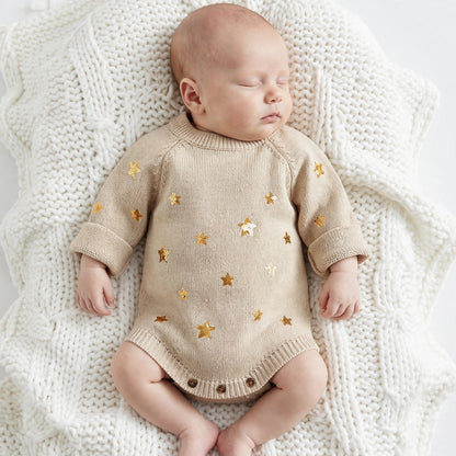 New Baby Knitted Embroidered Woolen Long-sleeved Jumpsuit - Apricot / 100cm