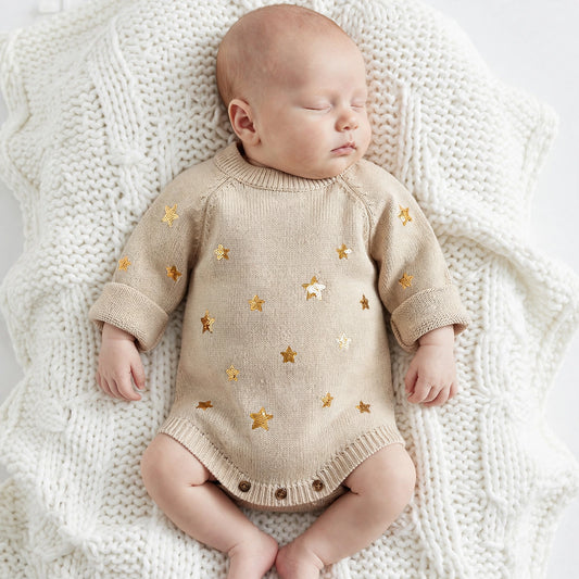 New Baby Knitted Embroidered Woolen Long-sleeved Jumpsuit - Apricot / 100cm